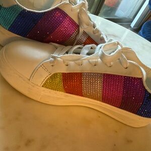 Kurt Geiger White Sneakers with Rainbow Crystal Stripes